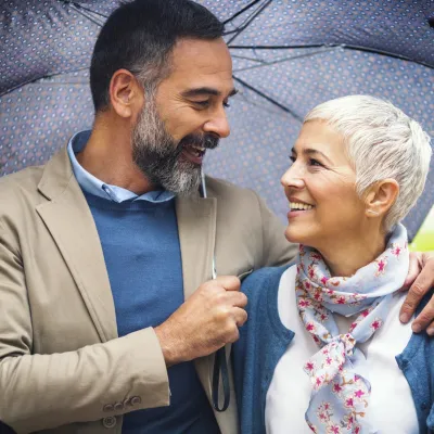 Woman and Man Walking Outdoors in Rain