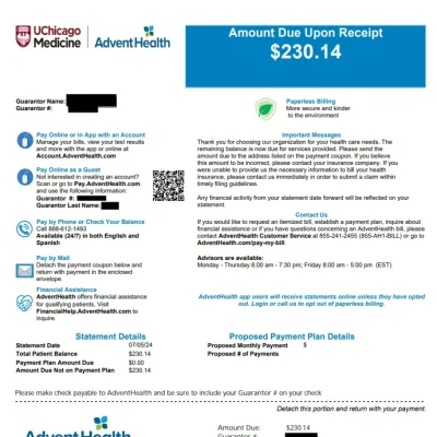 UChicago Medicine AdventHealth Bill Sample