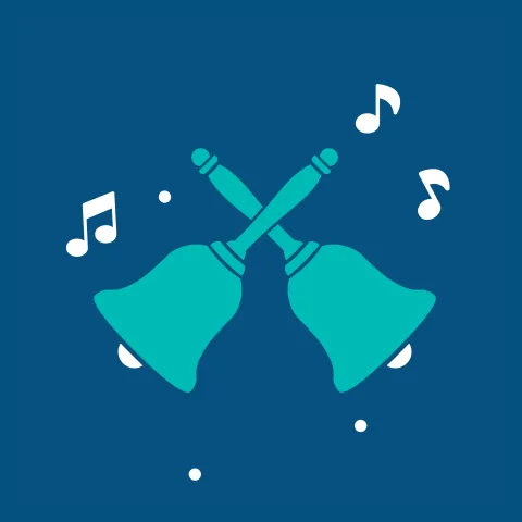 Two teal bells crossing each other with musical notes on a dark blue background.