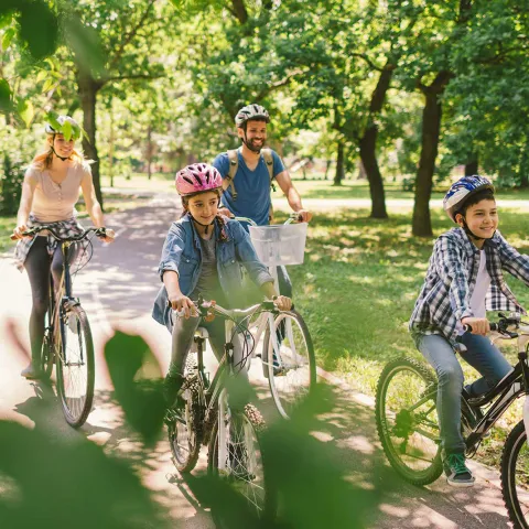 A family on a bike ride at a park