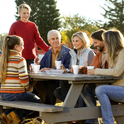 Family sitting outside at a picnic table