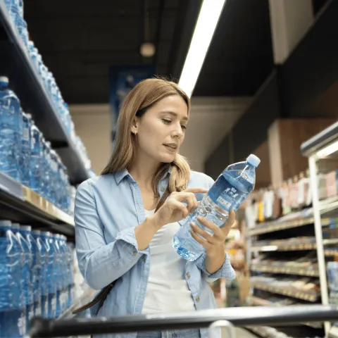 Woman looking at a water bottle at a grocery store.