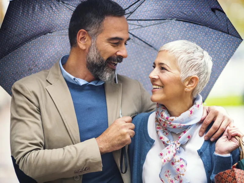 Woman and Man Walking Outdoors in Rain