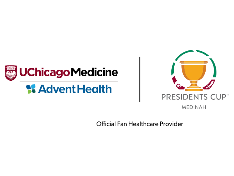 UChicago Medicine and AdventHealth logos alongside the Presidents Cup Medinah logo featuring a gold trophy.