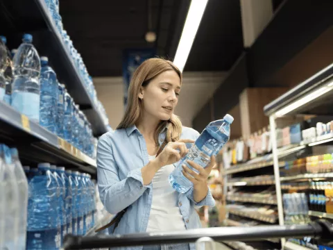 Woman looking at a water bottle at a grocery store.
