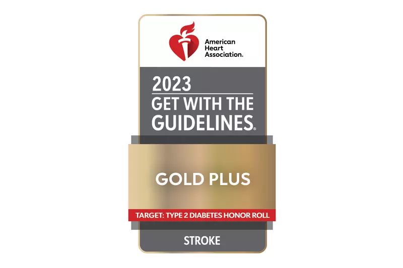 American Heart Association's Get With The Guidelines® - Stroke GOLD PLUS quality achievement award for 2023. 