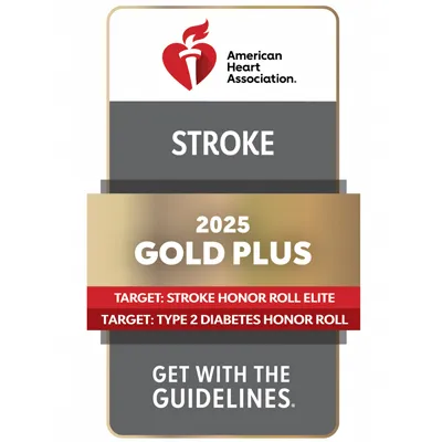 American Heart Association 2025 Get with the Guidelines Gold Plus for Stroke. Includes stroke honor roll elite and type 2 diabetes honor roll.